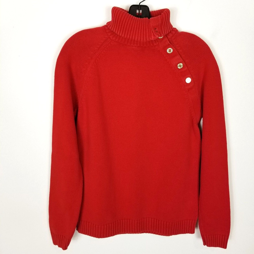 Lauren Ralph Lauren Women Turtle  Neck Pullover Sweater Sz L  Red‎ Gold Button